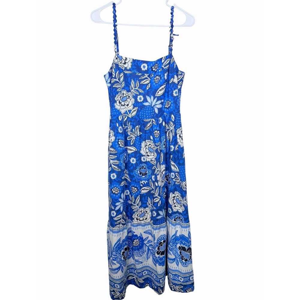 Rachel Zoe Linen Blend Maxi Dress‎ Blue Floral Smocked Boho Cottagecore Womens S